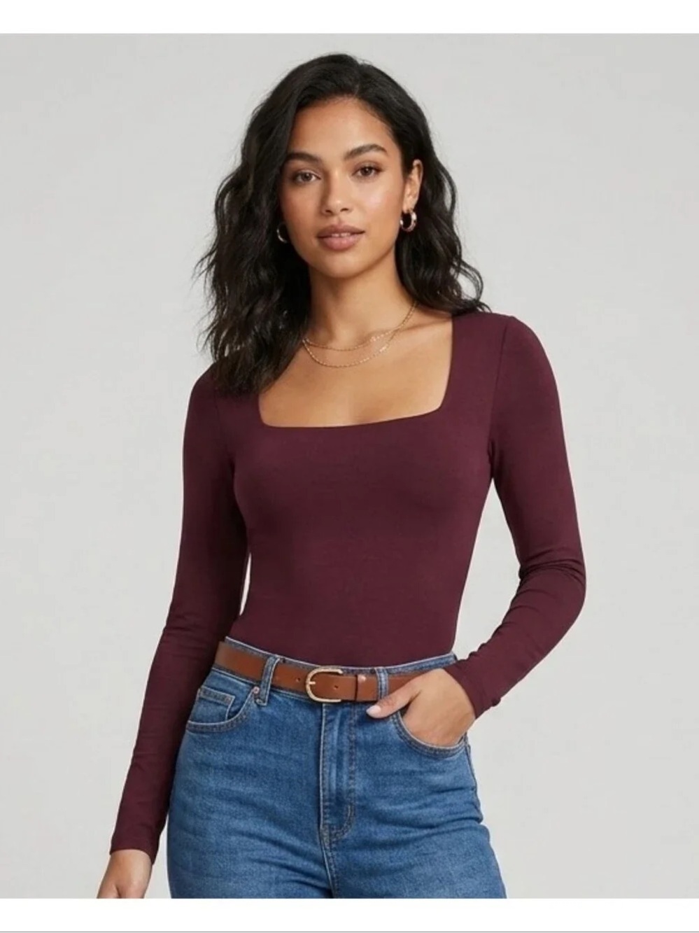 Old Navy Square Neck Long Sleeve Burgundy Bodysuit M